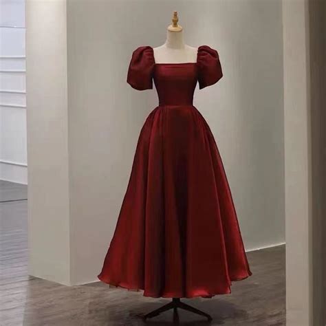 Red Party Dress,puff Sleeve Evening Dress,satin Long Prom Dress ...