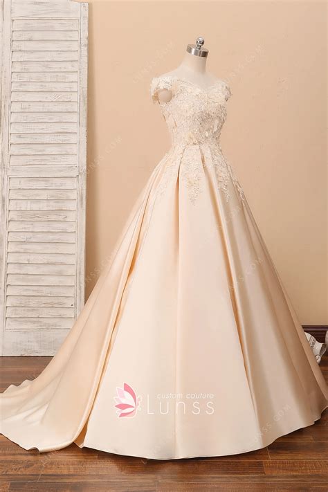 Champagne 3D Floral Lace and Satin Bridal Prom Ball Gown - Lunss