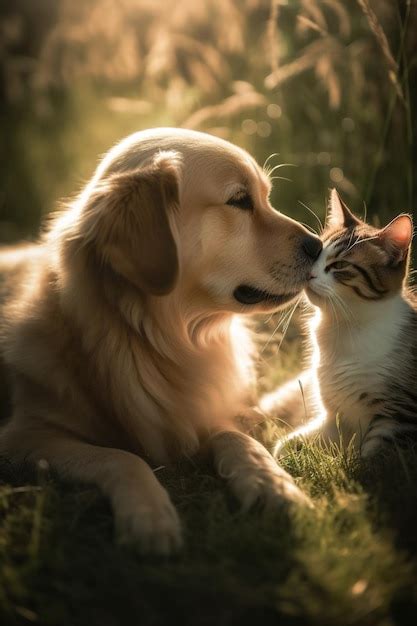 Premium AI Image | A golden retriever and a cat kissing each other