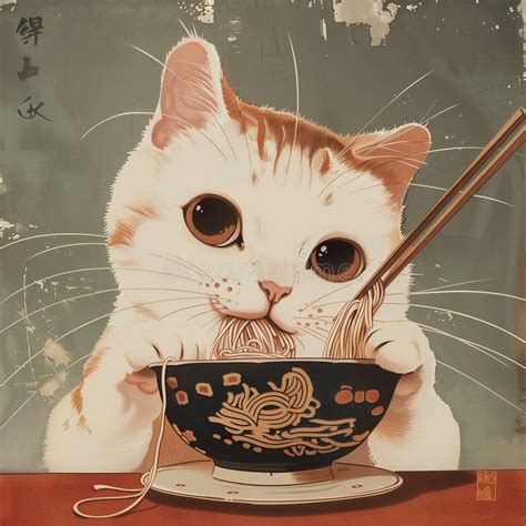 white kawaii kitty  happy  eat ramen noodles asian style