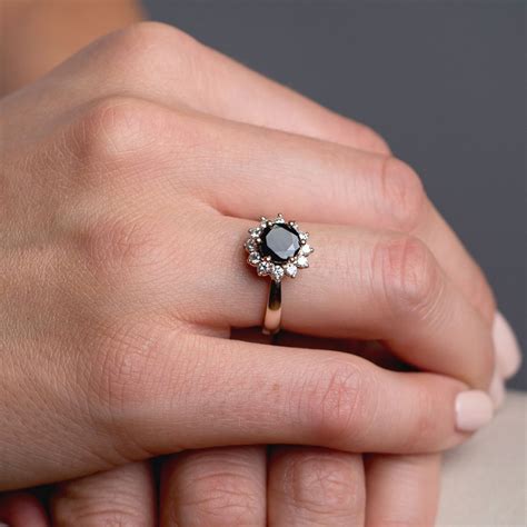 Black diamond halo engagement ring | Zmay Jewelry