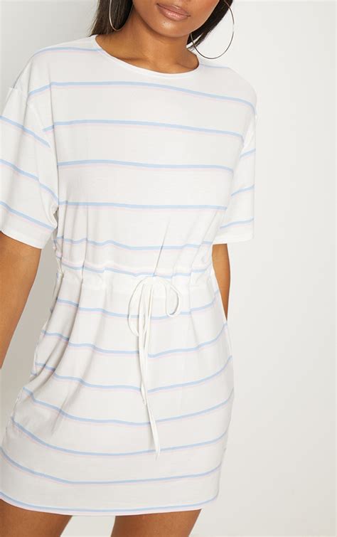 White Stripe Print Tie Waist T Shirt Dress | PrettyLittleThing USA