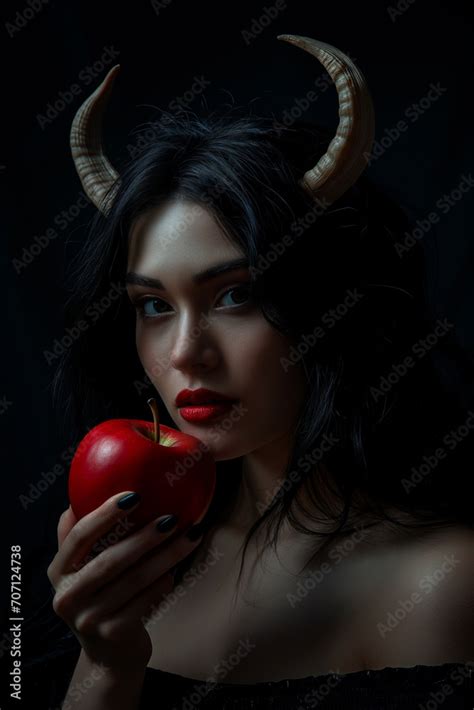 sensual pretty evil female demon holding  apple  temptation lust
