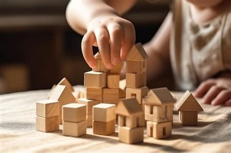 premium photo  child building  wooden house  wooden blocks
