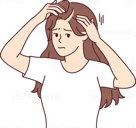 Woman suffering from hair loss touching head looking at scar through