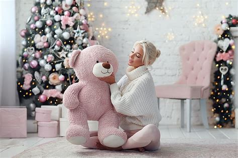 Girl, mood, bear, New year, tree, sweater, Teddy bear, Dmitry Arhar ...