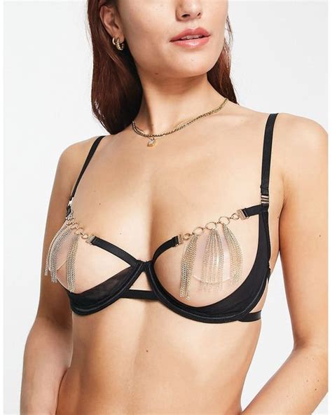 Bluebella Aurora open cup bra with gold chain tassel detail in in Black
