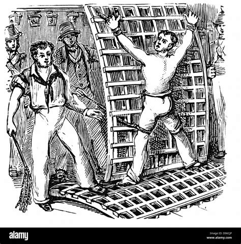 Naval discipline: British sailor, tied to the grating, being flogged ...