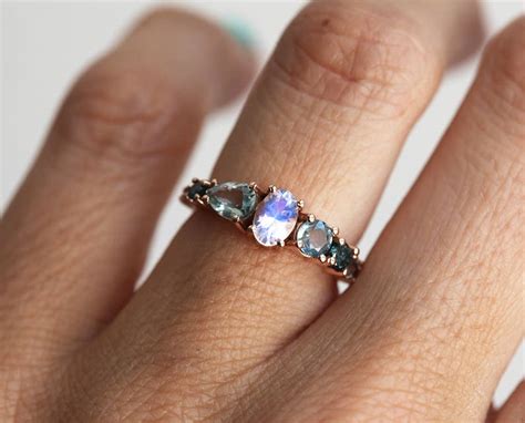 Moonstone Sapphire Cluster Engagement Ring 14k Gold Mermaid | Etsy