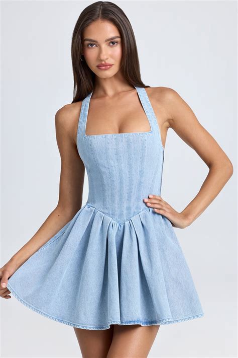 Halterneck Corset Micro Mini Dress in Light Blue Stonewash | Oh Polly