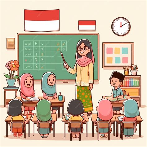A drawing of a teacher and her students in a classroom with a clock on