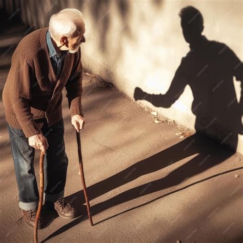 Premium AI Image | A bent old man looks at the shadow of his younger self