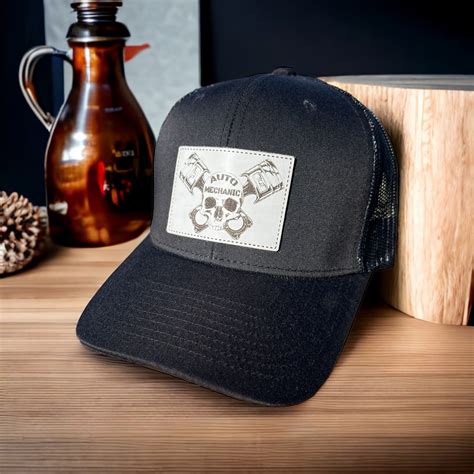 auto mechanic leather patch hat etsy