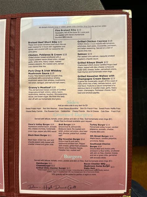 Menu at Dave's High Desert Grill restaurant, Albuquerque