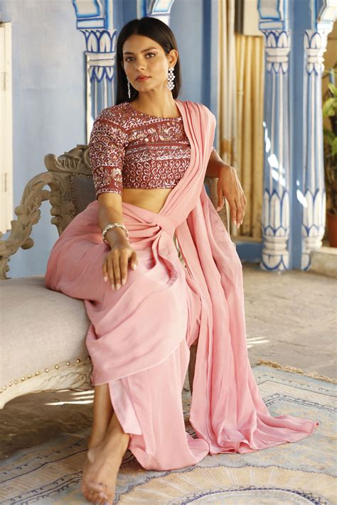pre draped slit saree  maroon sequin blouse shemaiah