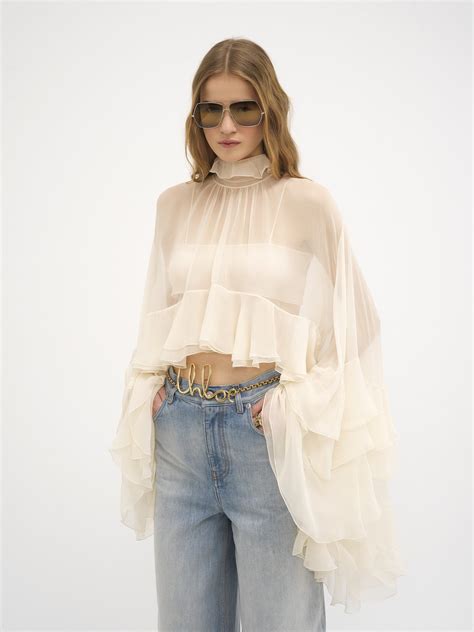 Chloé High Low Ruffle Top In Silk Mousseline | Chloé MT
