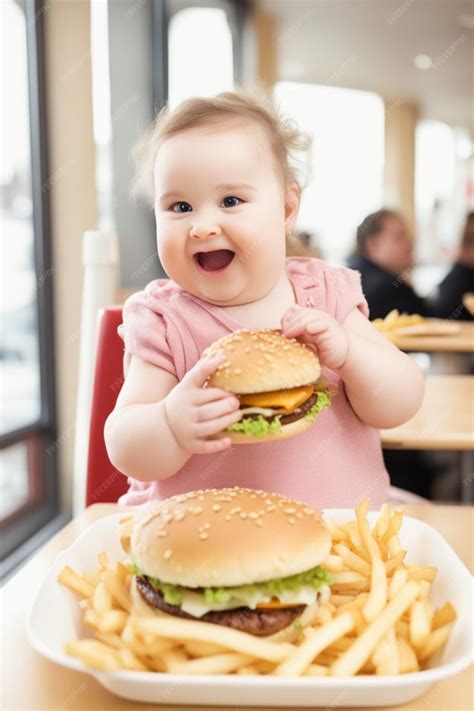 Premium AI Image | obese boy girl eating fast food hamburger french