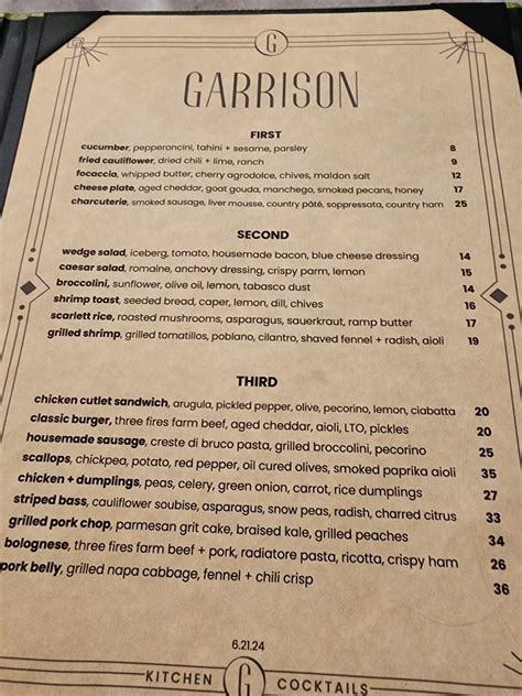 Menu at Garrison Kitchen + Cocktails pub & bar, Metairie