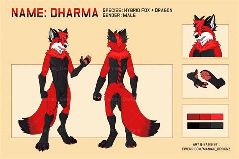 Fox and Dragon Hybrid Furry Fursona Ref Sheets by Maniacdesignz on
