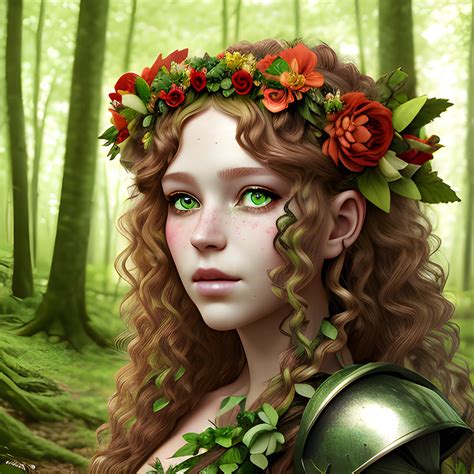 portrait of a nymph with a flower crown in a forest, fantasy style, 3D