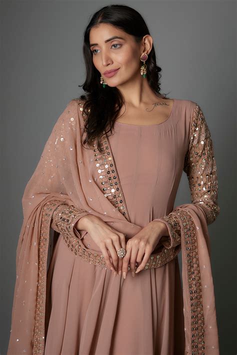 Nude Pink Georgette Sequins Embellished Anarkali Set by FATIZ at Pernia