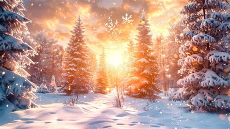 magical winter scene  snow covered trees  falling snowflakes