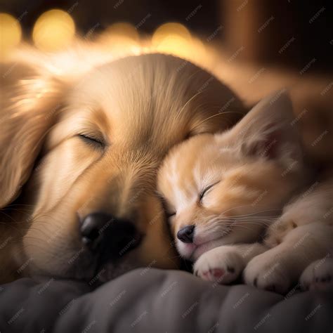 Premium Photo | A kitten and a baby golden retriever sleep together