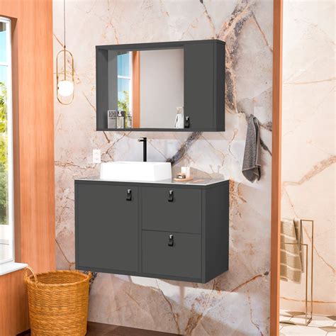 Conjunto De Gabinete Banheiro 80cm Com Cuba E Espelheira