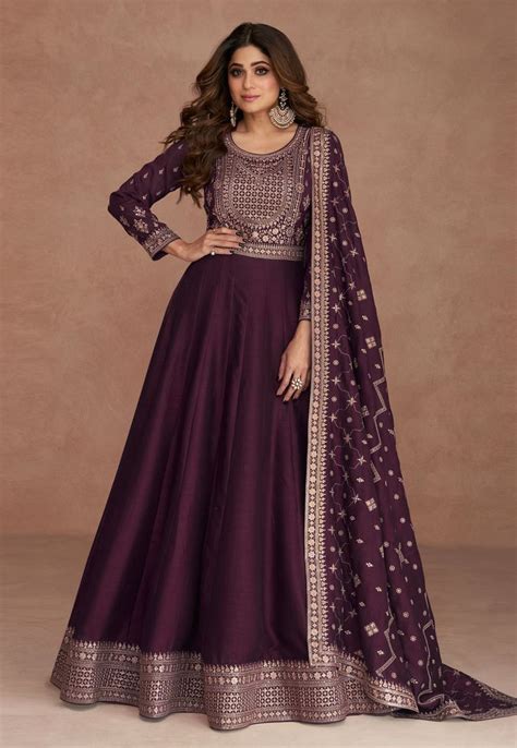 shamita shetty silk long anarkali suit  wine colour  silk