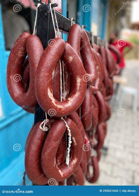 Sucuk Meat Sausage, Sujuk Dry Spicy Sausage. Street Food Stock Photo