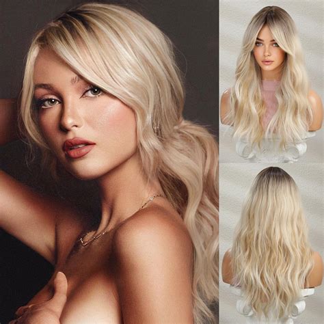 Honygebia Wavy Blonde Wig with Bangs - Ombre Curtain Bang Wigs for