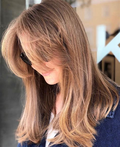 32 Milk Tea Hair Colour Ideas & Styles : Warm Milk Tea with Curtain Bangs