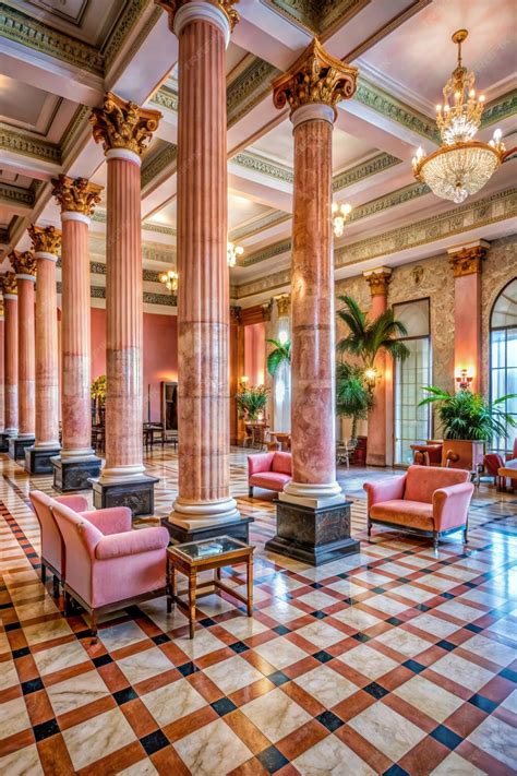 Luxurious hotel lobby Luxurious hotel with pink marble columns in
