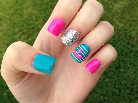 Hot pink, teal and anchor summer nails. | Teal nails, Teal nail designs
