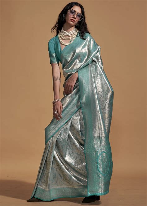 teal blue kanjivaram saree urban womania