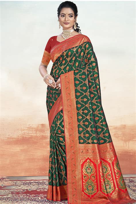 dark green silk woven zari broad border saree sarv