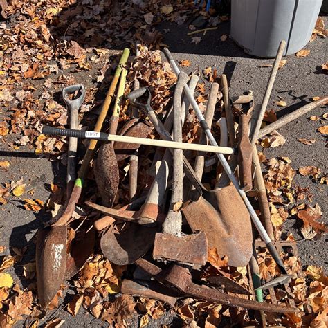 Large Lot Of Gardening/Yardwork Tools: Pickaxes, Hoes, Shovels, Axes