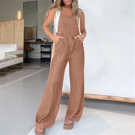 OVBMPZD Brown One Piece Jumpsuits for Women Denim Jean Wide Leg Strap