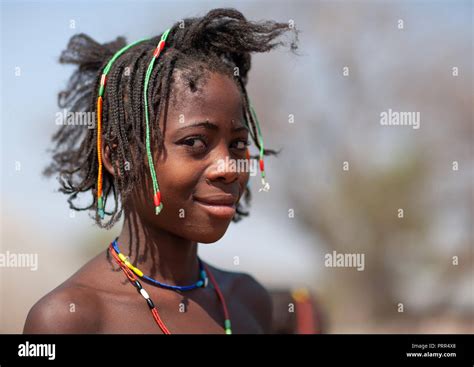 Portrait of a Mudimba tribe girl, Cunene Province, Kuroca, Angola Stock