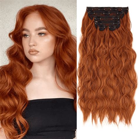 MORICA Clip in Hair Extension 20 Inch Cooper Red 6PCS Natural Long Wavy