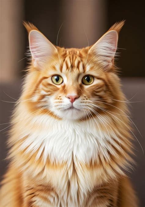 close  portrait   fluffy orange tabby maine coon cat long hair
