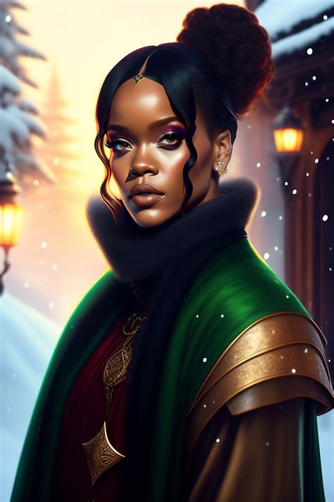 Lexica - Rihanna, in female medieval outfit, green eyes, hair tied in a