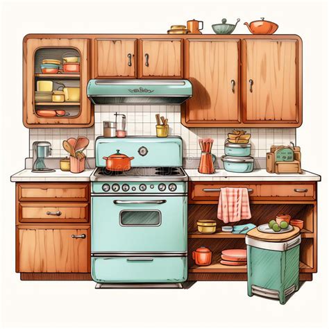 Beautiful Retro Kitchen Clipart Illustration Stock Illustration ...