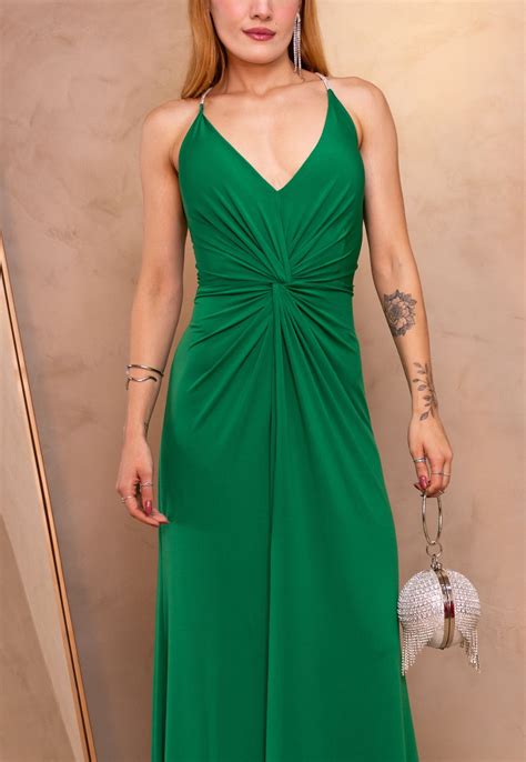 Vestido Em Decote V - Vestido Longo de Festa Fluity Decote em V Nó Frontal Alcinhas Strass ...