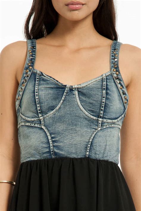 Black Mini Dress - Bustier Denim Dress - Shift Dress With High Low Hemline