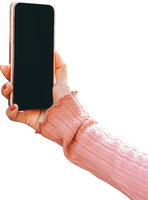 Woman hand holding a smartphone for selfie isolated transparent ...