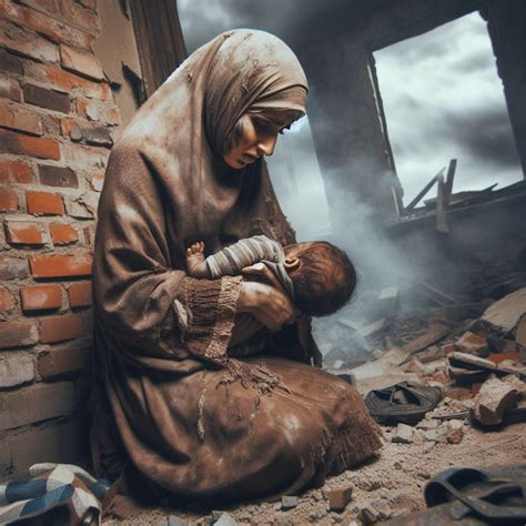 Premium Photo | Arab mother near the ruins of the house