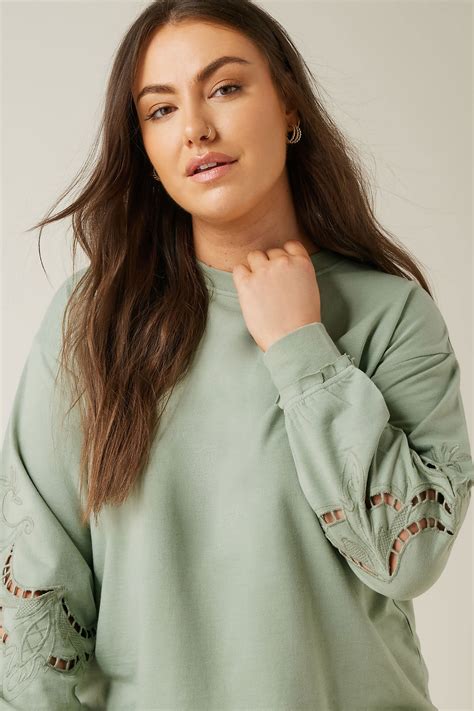 EVANS Plus Size Sage Green Cutwork Crew Neck Sweatshirt | Evans