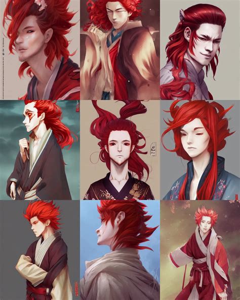 A male kitsune with red hair in a kimono, visualartzi, | Stable Diffusion
