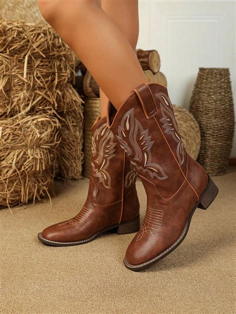 western style retro pu leather boots  embroidery decor chunky heel